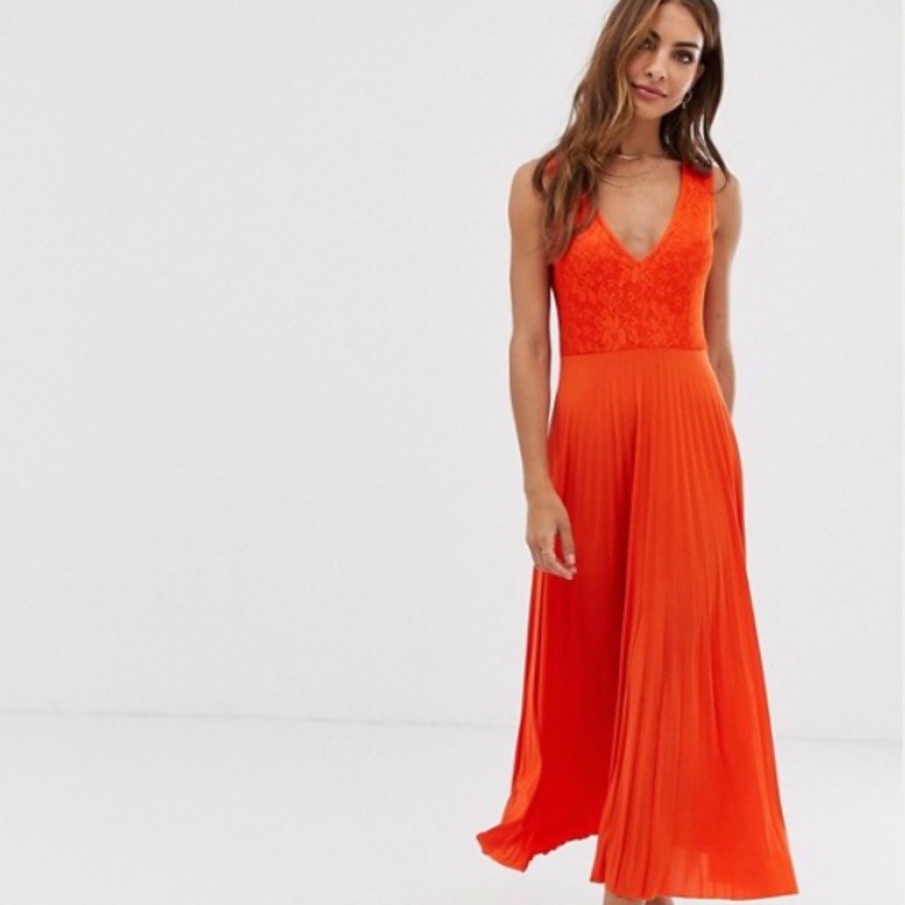 ASOS lace top midi dress with pleated skirt